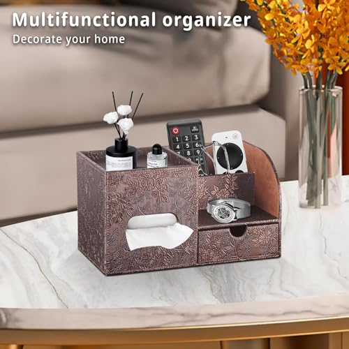 YAPISHI Tissue Box Cover with Storage Tray and Drawer, PU Leather Square Tissue Box Holder, Modern Cube Facial Tissue Dispenser, Makeup Holder, Remote Control Organizer for Nightstand, Bathroom Vanity - color: Archaize