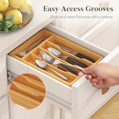 Lifewit Silverware Drawer Organizer, Utensil Tray for Kitchen, Flatware and Cutlery Holder, Storage for Spoons Forks Knives, 6.7 x 12", Natural - size: 6.7"W x 12"D