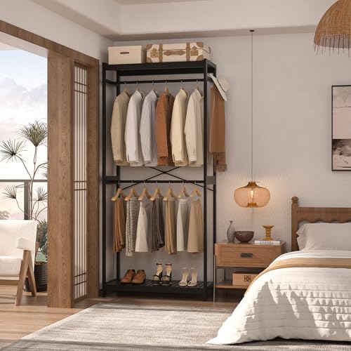 Homykic Bamboo Clothes Rack with Shelves and Double Hang Rods, Portable Closet System Garment Rack for Hanging Clothes, Tall Clothing Rack Corner Closet Organizer, Easy to Built, Freestanding, Black - color: Black, size: Standard
