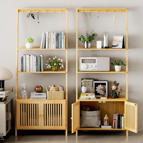 Bookcase with Drawers, 4-Tier Bamboo Bookshelf Ladder Shelf with 6 Hooks, Tall Narrow Book Shelf, 24.8"L x 10.6"W x 59.5"H, Standing Storage Organizer for Living Room, Home Office, Bedroom, Bathroom - color: 4-tier Natural