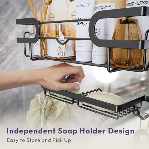 SWTYMIKI Over the Door Shower Caddy Hanging with Double Soap Holder, Hanging Shower Organizer with 16 Hooks, No Drilling Shower Shelves Over Door, Bathroom Rack and Storage, Black - color: Black