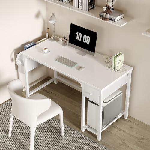 Lufeiya White Computer Desk with Drawers - 47 Inch PC Desk for Small Space Bedroom Home Office, Modern Simple Study Writing Table Desks with Storage Shelf, White - color: White, size: 47 inch