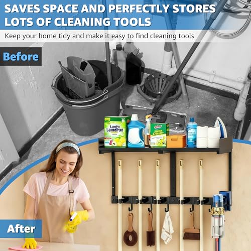 HUFAND Broom Holder Wall Mount, 27" Large Mop and Broom Organizer Wall Hanging with Top Storage Shelf & Vacuum Hook, Heavy Duty Iron Utility Rack for Laundry Room, Garage, Kitchen, Garden - Black - size: Large