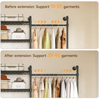 H6 Wall Mounted Closet System, Industrial Pipe Clothes Rack Clothing Racks with 6 Telescopic Rods & 3 Fixing Rods & 9 Shelves, Heavy Duty Closet Organizers and Storage in Wardrobe Closet (Black) - color: Black