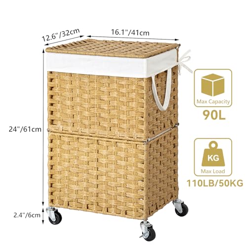 Chrislley 90L Slim Laundry Hamper with Wheels, Rolling Laundry Basket with Lid and Renovable Liner Bag, Handwoven Rattan Organizer for bedroom, bathroom, laundry room (Yellow) - color: Yellow