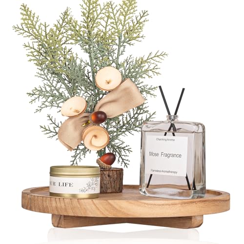 Round Decorative Tray Wood Bathroom Counter Organizer Farmhouse Kitchen Decor Wooden Riser for Soap Dish, Perfume, Candle, Sponge, 10" - Brown - color: Brown, size: 10"