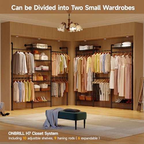 ONBRILL L7 Wall Mounted Industrial Pipe Clothing Rack – Heavy Duty Modular Closet System with 9 Hanging Rods (6 Expandable) & 10 Adjustable Shelves, Corner Garment Rack, Large Wardrobe - Black - color: Black