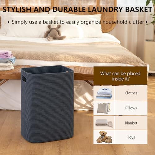 OIAHOMY Laundry Hamper, Laundry Basket，Rectangle Cotton Large Blanket Storage Basket for Living room,Bedroom Woven Decorative Storage for Toys,Clothes,Pillows-16x13x22in-Blue - color: Blue