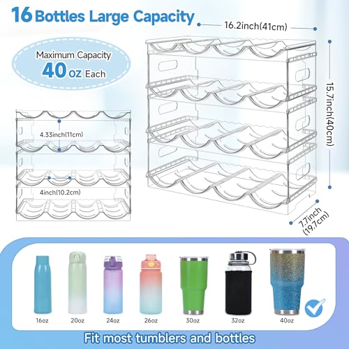 Large Compartment Water Bottle Organizer,4 Tier Stackable Water Bottle Rack for Cabinet,Tumbler Storage Organizer for Kitchen,Fridge,Cabinet Organization and Storage,Clear Water Bottle Storage Rack - size: 16 bottle
