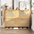 Patikuin Narrow Rattan Shoe Cabinet, 4 Semi-Circular Flip Doors Freestanding Shoe Storage Organizer, MDF Wooden Hidden Slim Shoe Rack for Entryway, Hallway, Foyer, Living Room - size: 4 Flip Drawers