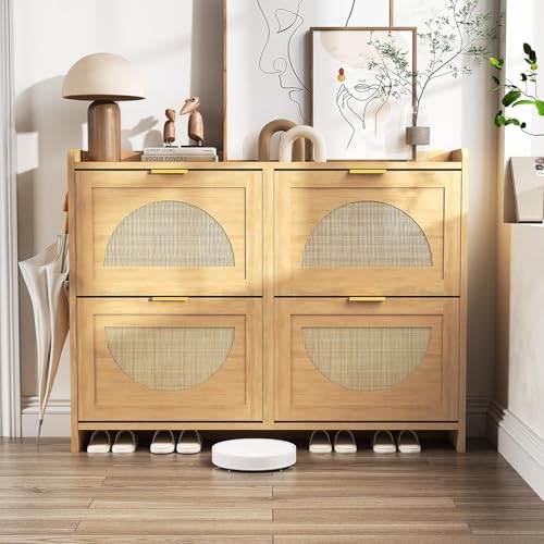 Patikuin Narrow Rattan Shoe Cabinet, 4 Semi-Circular Flip Doors Freestanding Shoe Storage Organizer, MDF Wooden Hidden Slim Shoe Rack for Entryway, Hallway, Foyer, Living Room - size: 4 Flip Drawers