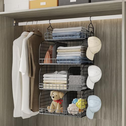 HapiRm Hanging Closet Organizer Storage - 4 Tier Metal Stackable Hanging Closet Shelves with Dividers and S Hooks, Foldable Clothes Shelves for Clothes, Pants, Shoes, Coat, Hats Clutches Accessories - color: Black, size: 4-Tier