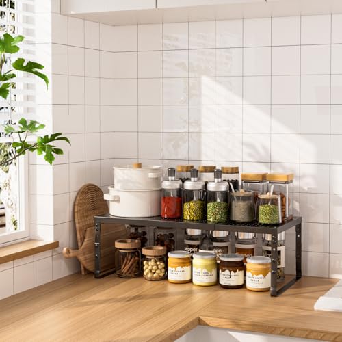 Expandable Adjustable Cabinet Shelf Organizer - Stackable Metal Spice Rack for Kitchen Pantry, Countertop, Cupboard & Bathroom (1Pack/Black,Large) - color: Black, size: 1 PACK/BLACK/LARGE