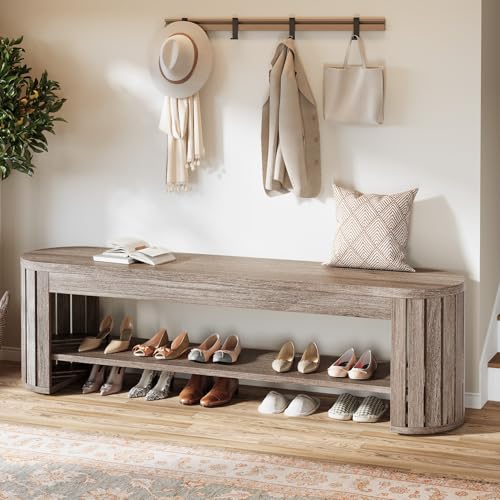 Tribesigns 63" Wooden Entryway Bench with Shoe Storage, Long 2-Tier Narrow Shoe Bench with Arc Vertical Slat Splicing Legs, End of Bed Stool for Bedroom, Entrance, Living Room (Beige Gray) - color: Beige Gray