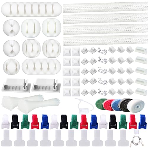 ELII 300PCS Cable Management Kit,4 Cable Sleeve 35 Cable Clips with 11Cord Holders,20 Roll Cable Organizer Straps and 200 Fastening Cable Ties,20 Cable Zip Tie Mounts for Under Desk - color: White