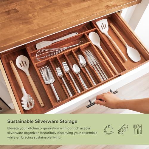 KitchenEdge Premium Silverware, Flatware and Utensil Organizer for Kitchen Drawers, Food-Safe Contract Grade, Expandable from 18 to 33 In, Natural Acacia - color: Natural Acacia, size: From 18" to 33" wide