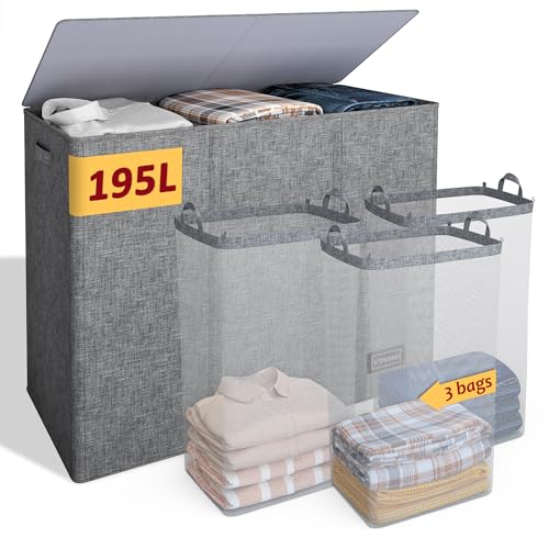 195L Laundry Hamper 3 Section,Large Laundry Hamper with Lid,Dirty Clothes Hamper with 3 Inner Bags,Collapsible Laundry Basket Organizer for Laundry Room,Bedroom,Laundry Sorter Hamper 3 Compartment - color: Grey, size: 195L
