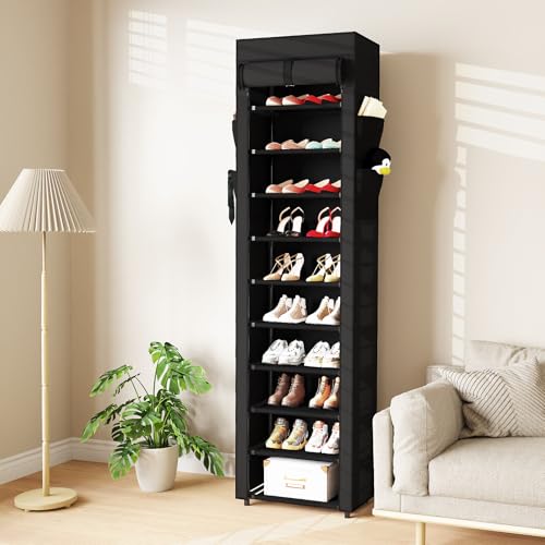 Mavivegue Shoe Rack with Cover, 10 Tier Tall Shoe Organizer for 18-22 Pairs of Shoes, Shoe Organizer with 4 Side Pockets, Shoe Cabinet for Entryway, Closet - color: Black