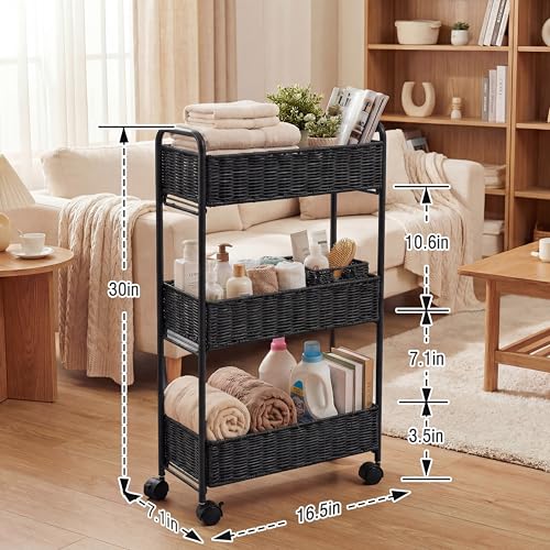FOCHIER F Utility Slim Storage Cart,3-Tier Rolling Kitchen Office Laundry Room Cart,Mobile Shelving Unit Organizer for Living Room Bathroom Baby Diaper Narrow Places (Black, 3 Tiers-7.1 inch (W)) - color: Black