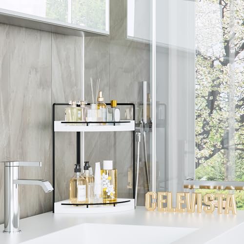 Corner Bathroom Counter Organizer, 2 Tier Wood Vanity Storage, Waterproof Skincare Shelf for Kitchen & Toiletries Decor, Dresser (White-2 Tier) - color: White-2 Tier