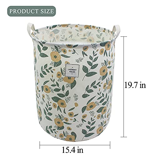 Mziart Collapsible Laundry Basket, Floral Printing Large Laundry Hamper for Baby Girls Kids Toys Clothes Organizer Foldable Storage Bin Waterproof Canvas Nursery Storage Basket with Handles (Green) - color: Green
