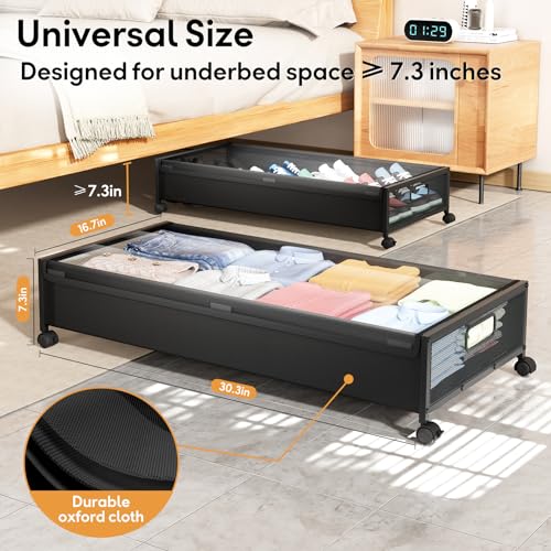 Under Bed Storage with Wheels，4 Pack Under Bed Storage Containers,Underbed Shoe Storage Bedroom Large Capacity Under Bed Storage with Lid for Clothes Shoes Toys Blankets - color: Black, size: 4pcs