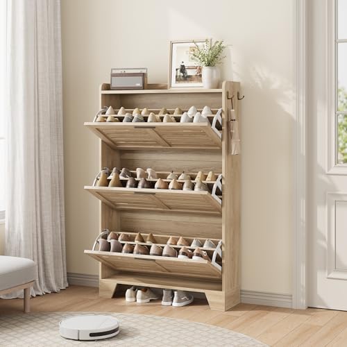IDEALHOSUE Shoe Cabinet Storage for Entryway, Slim Shoe Storage Cabinet with 3 Flip Drawers, Freestanding Hidden Narrow Shoe Organizer Cabinet with Hooks for Entrance, Foyer, Hallway, Light Oak - color: Light Oak, size: 3-Drawers