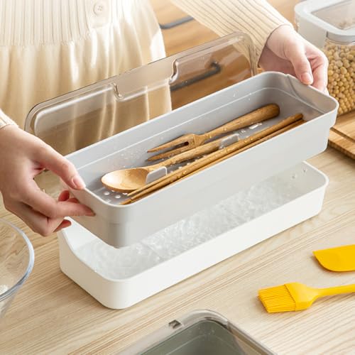 Plastic Kitchen Drawer Organizer with Lid and Drainer Stackable Utensil Holder for Countertop Silverware Tray Flatware Organizers - 13x4.7x2.4 Inch Spatula Cutlery Storage Box - color: Clear White