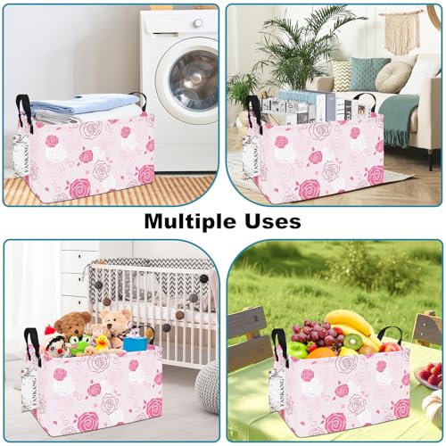 FANKANG Storage Bins, Nursery Hamper Canvas Laundry Basket Foldable with Waterproof PE Coating Large Storage Baskets for Kids Boys and Girls, Office, Bedroom, Clothes,Toys(Rec-Pink roses ） - color: Rec-Pink roses