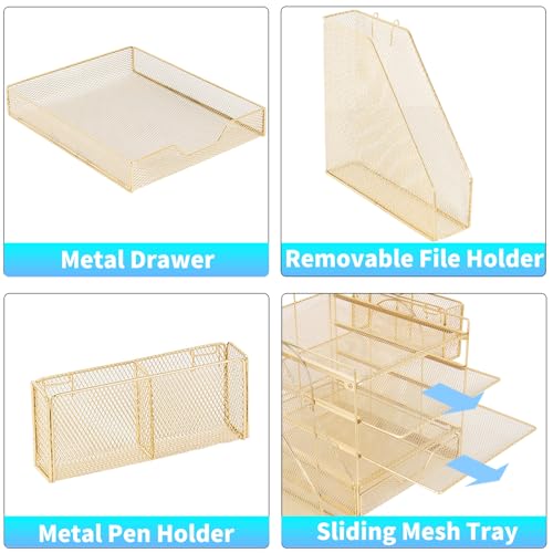 Desk Organizer, 5-Tier Paper Letter Tray Organizer with File Holder, Drawer and Pen Holder, Desktop Organizer for Office Supplies, Gold - color: Gold