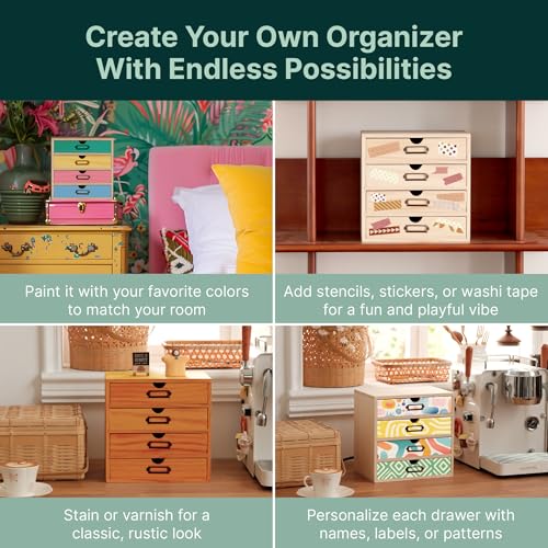 DIY Wooden Desk Organizer with Drawers – Unfinished 4-Drawer Desktop Storage Box – Personalizable Wood Desk Organizer for Crafts, Office, or Home – Compact Wooden Storage Drawers Ready to Decorate - color: DIY Plain Wood