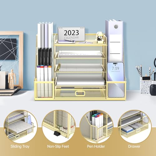 SUPEASY Mesh Desk Organizer with File Holder, 5-Tier Paper Letter Tray Organizer with Magazine Holder, Desktop Organizer and Storage with Drawer for Office Supplies Home or School (Golden) - color: Golden