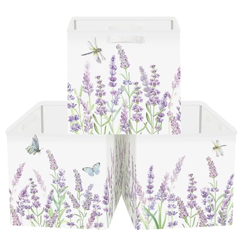 11.8" Wild Flower Storage Cube Organizer Set 3Pcs Clothes Storage Basket Bin for Closet Shelf Garden Butterfly Nursery Kid Room Book Toy Chest, Lavender - color: Lavender
