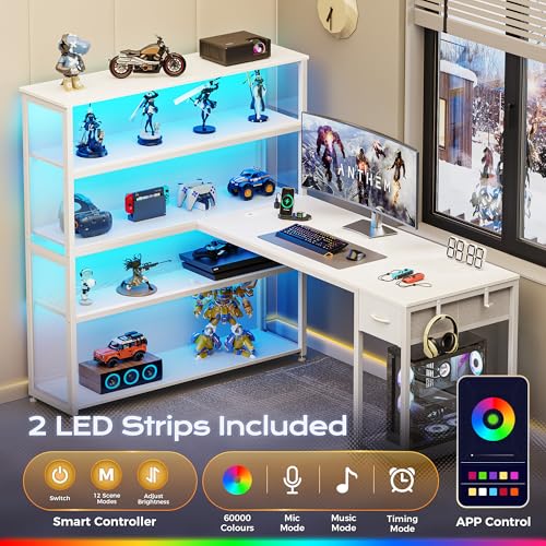PRAISUN 57 Inch L Shaped Gaming Computer Desk with Larger Open Cabinet, Reverisble Office Desk with Power Outlets, LED Lights, Work Desk, Fabric Drawer, Adjustable Wood and Mesh Shelf, White - color: White
