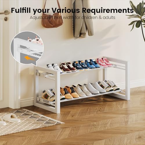 Homeiju Expandable Shoe Rack, 2 Tier Metal Shoe Shelf, Adjustable Shoe Stand for Sneakers, Boots, Heels, Heavy-Duty Steel Standing Shoe Organizer for Entryway, Closet, Bedroom, White - color: White, size: 2-Tier