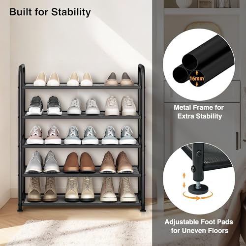 STO STO 5-Tier Shoe Rack with Sturdy Mesh Shelves, Heavy Duty Metal Shoe Organizer for Entryway, Closet, Garage, Front Door, Holds 15 Pairs, Free Standing Shoe Storage Shelf, Adjustable Feet, Black - size: 5-Tier Standard