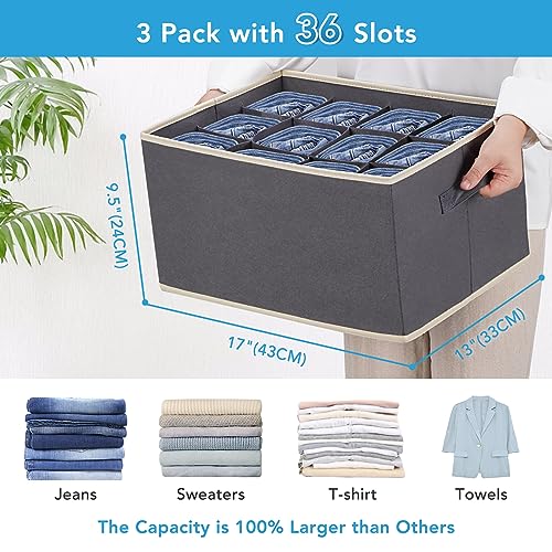 3 Pcs 12 Cell Large Size Pants Organizers for Clothes, Jeans, Sweater, T-shirt, Dress Stackable for Wardrobe Closet Drawer Organizer Storage Bin Container, Dark Grey - color: Dark Grey