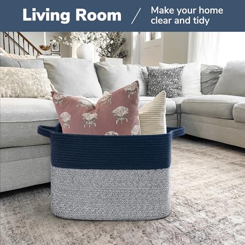 Goodpick Woven Baskets for Organizing, 18" x 14" x 12" Large Storage Basket for Living Room Bedroom, Decorative Toy Baskets Storage Kids Rectangle Blanket Basket with Handles, Dark Blue - color: Blue, size: 18"L x 14"W x 12"H