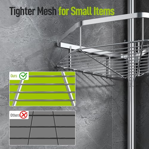 LAMU Shower Caddy Corner Tension Pole, Stainless Steel Shower Organizer, Strong Spring, 5 Adhesive Pads, 2.4 in Non-Slip Grid Base, Adjustable 4-Tier Basket, 4 Hooks, Fits Heights 37.8-124 in, Silver