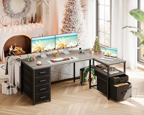 Coleshome L Shaped Computer Desk with 6 Drawers & Power Outlet, 55 Inch Corner Desk with Reversible Storage Shelf & File Drawer, Home Office Desk, Grey Oak - color: Grey Oak, size: 55 Inch