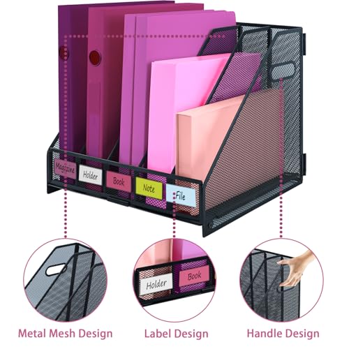 Desk Organizers, Metal Magazine File Holder with 5 Vertical Compartments Rack Binder File Organizer for Office Supplies, Home Workspace - Black - color: Black, size: 5 Compartments