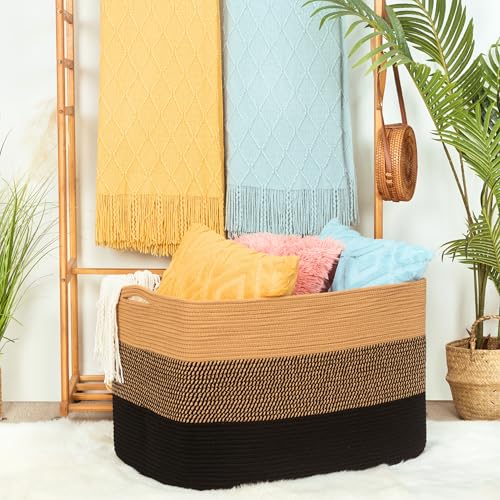 MINTWOOD Design 112L Extra Large Blanket Basket Holder Living Room, 25"x17"x16" Rectangle Rope Woven Storage Basket with Handles for Laundry, Pool Towels, Shoes, Dog Toy Organizer Bin Box, Black Jute - color: Black Jute