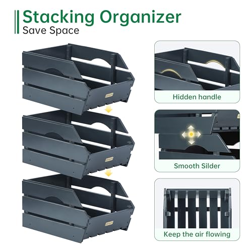 Wood Potato Onion Storage Bins - Wooden Stackable Produce Basket - Fruit Vegetable Storage for Kitchen Pantry Organization, Set 3 Pieces - color: Anthracite Grey