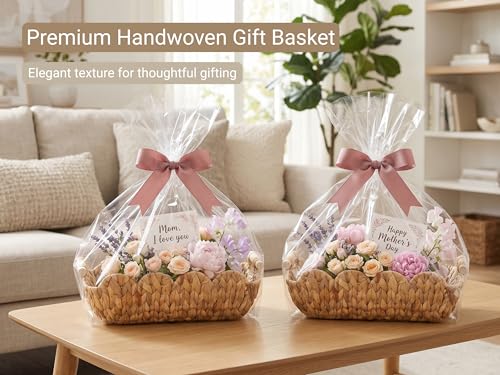 Coeusy Gift Basket, Cute Wicker Basket for Gifts, Scalloped Woven Water Hyacinth Storage Basket with Wooden Handles for Snack, Display, Shelves, 2 Pack