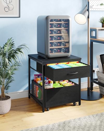 CHOEZON End Table, 19.7 Inch Square Side Table, Mini Fridge Stand with Storage, Nightstand with Mobile Basket Cart, for Living Room, Bedroom, Black TBZ55BB - color: Black