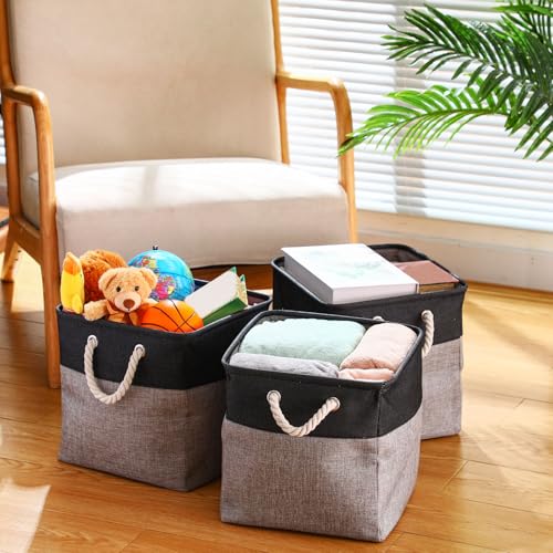 meekoo 8 Pack Collapsible Storage Bins Fabric Storage Bins Polyester Fabric Baskets with Handles Linen Closet Organizer for Shelf Home Closet Towels Toys(12 x 12 x 12in,Black Gray) - color: Black Gray, size: 12 x 12 x 12 In