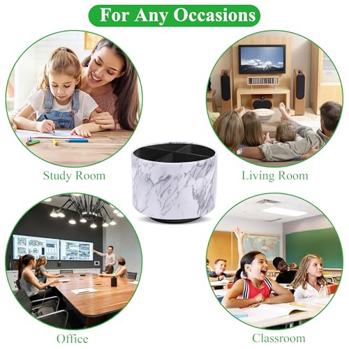 Round Leather Art Supply Organizer,Remote Control Holder,360-degree Rotating Pen Organizer with 4 Compartments(1-Marble White Silver) - color: 1-Marble White Silver