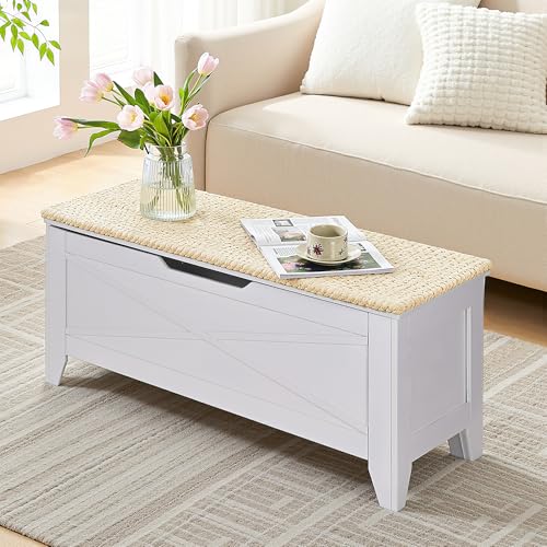 VECELO 43.3" Storage Bench, Entryway Shoe Ottoman, Farmhouse Style Bench with Handwoven Cushion and Metal Safety Hinges, for Bedroom, Living Room, Entryway, White - color: White, size: 43.3"W