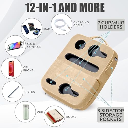 TabCouchCaddy - Couch Cup Holder Tray Pillow - Bed, Couch Caddy, Sofa, RV & Car - Holds Drinks, Snacks, Remotes, Phones, Kindle, Tablet | Bed Cup Holder (Beige) - color: Beige