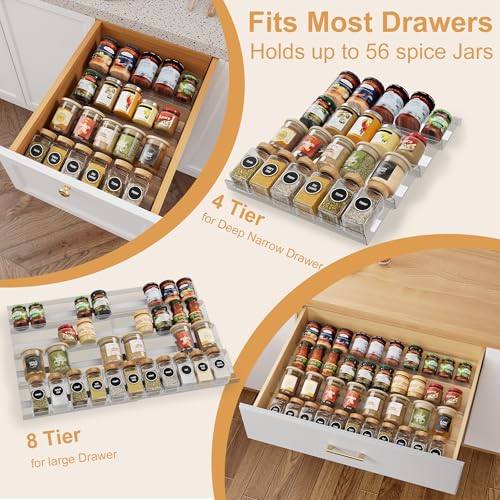 8-Pack Spice Drawer Organizer, Expandable Acrylic Seasoning Rack (13" to 26") with Anti-Slip Mat, Kitchen Spice Rack Holds up to 56 Jars (Jars Not Included) - size: 8-Pack